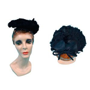 Vintage 30s Black Hat Women's Topper Fringe With Wire Loop